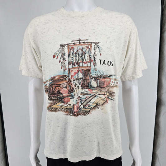 Vintage 1990s Oneita SanSegal Taos New Mexico Peace Pipe Graphic T-Shirt (L)