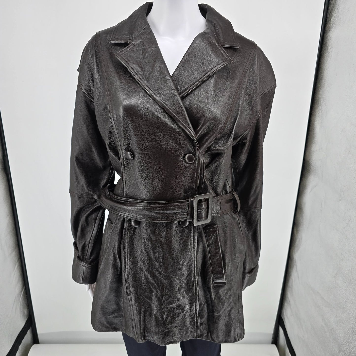 Vintage 1990s Together! Dark Brown Double-Breasted Belted Leather Trench Coat -M