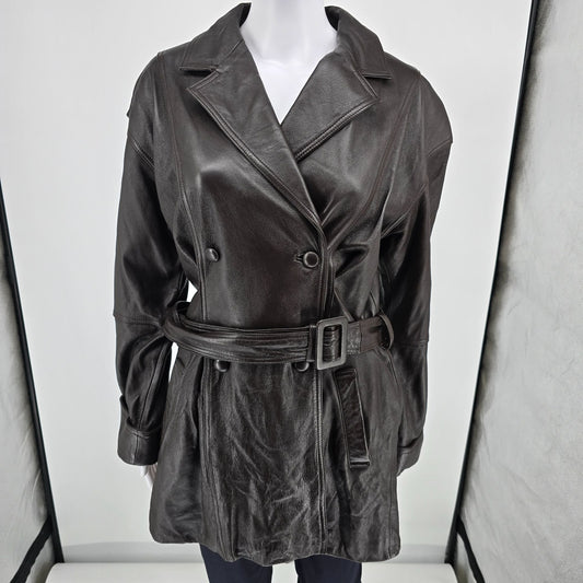 Vintage 1990s Together! Dark Brown Double-Breasted Belted Leather Trench Coat -M