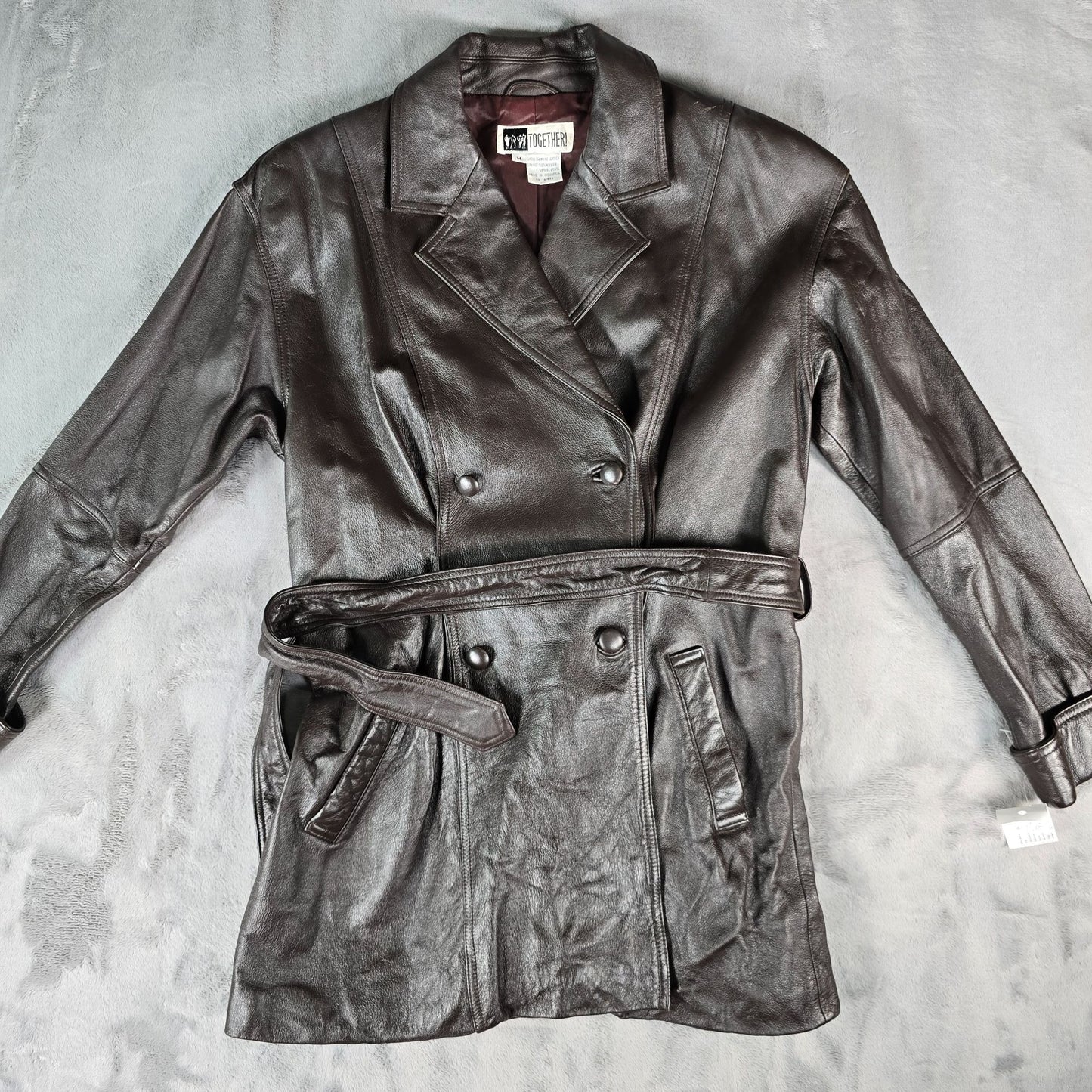 Vintage 1990s Together! Dark Brown Double-Breasted Belted Leather Trench Coat -M