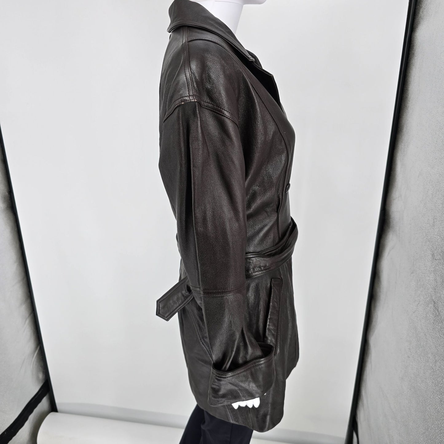 Vintage 1990s Together! Dark Brown Double-Breasted Belted Leather Trench Coat -M