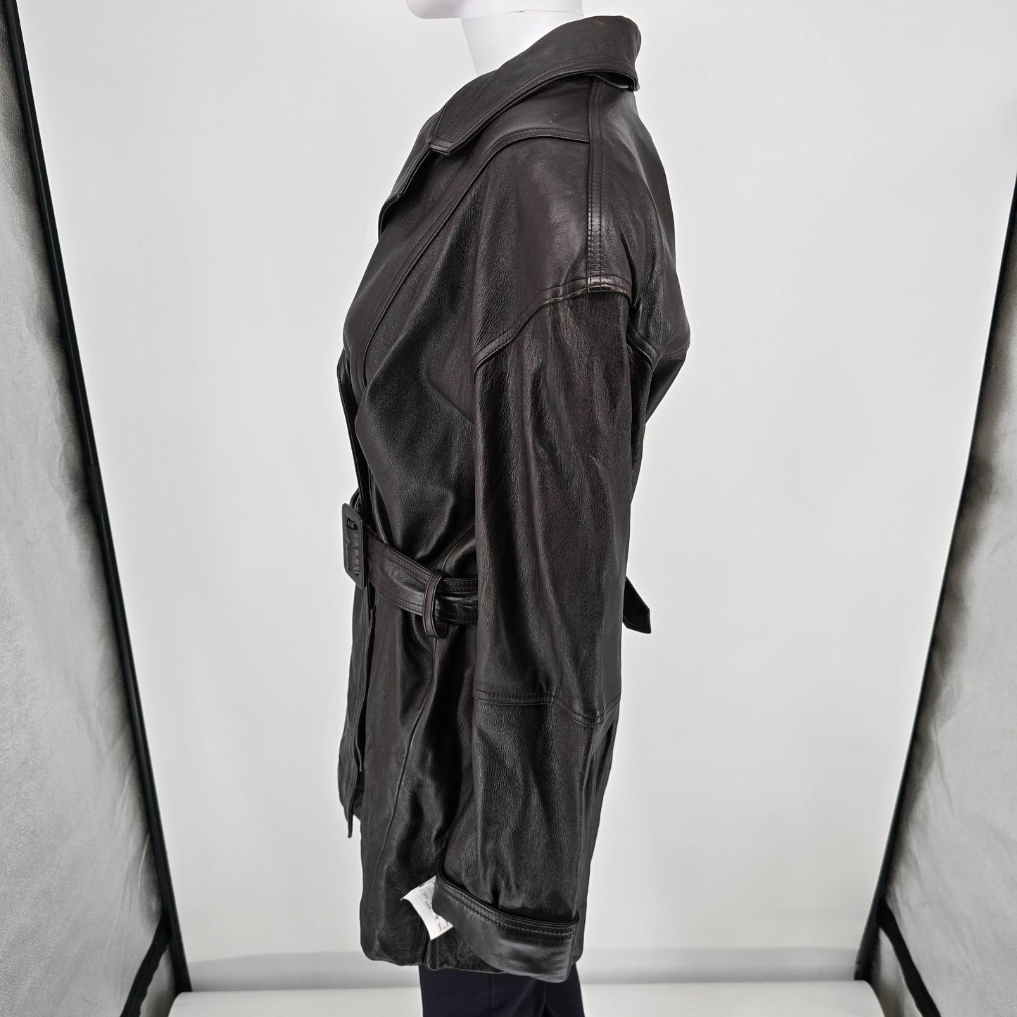 Vintage 1990s Together! Dark Brown Double-Breasted Belted Leather Trench Coat -M