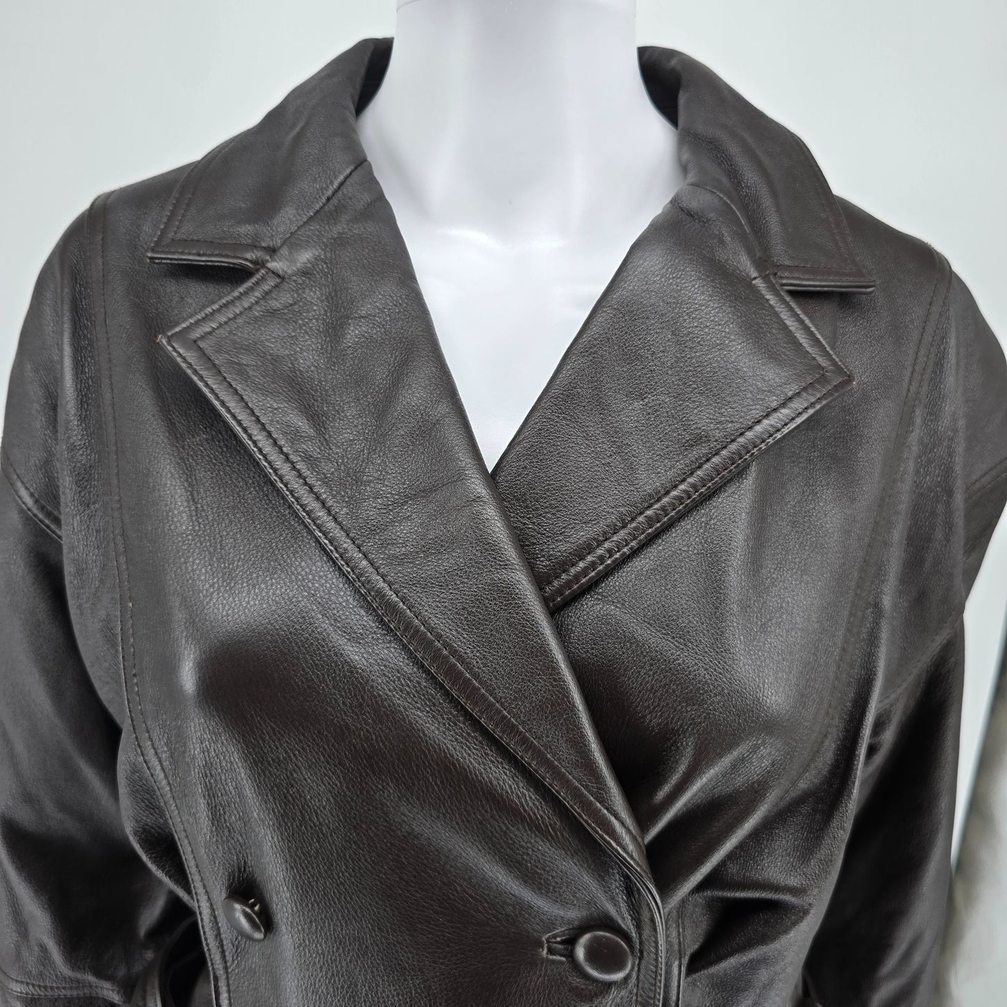 Vintage 1990s Together! Dark Brown Double-Breasted Belted Leather Trench Coat -M