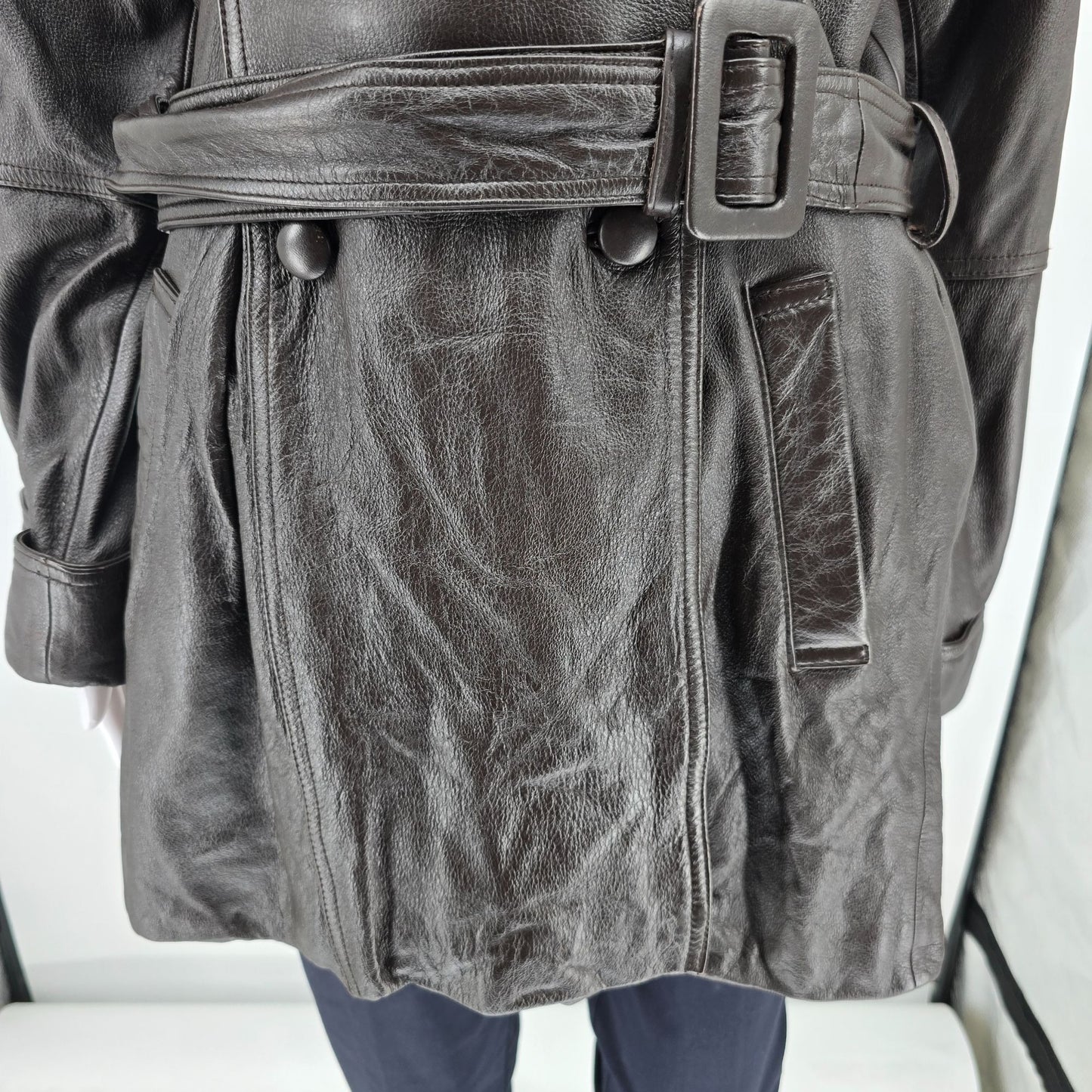 Vintage 1990s Together! Dark Brown Double-Breasted Belted Leather Trench Coat -M