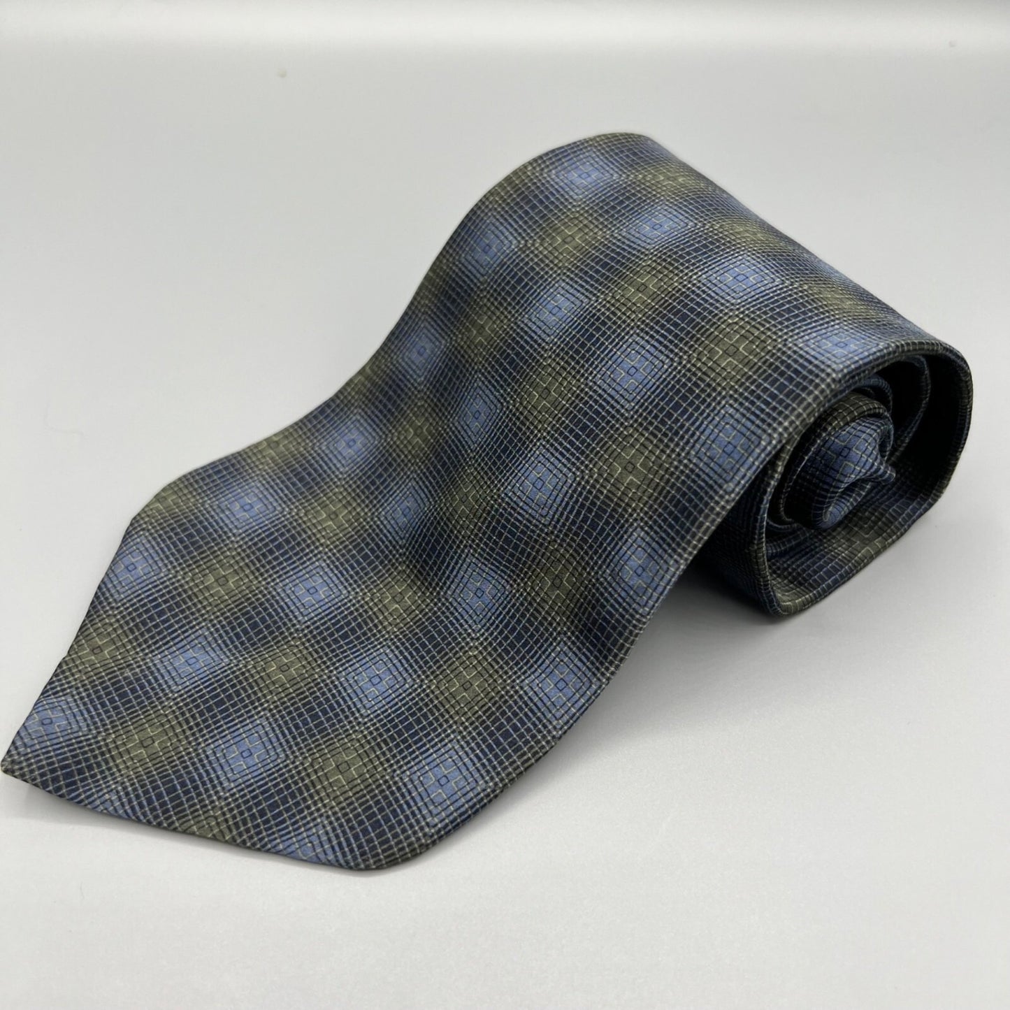 VTG Bill Blass Black Label Blue & Olive Geometric Pattern Luxury Silk Necktie