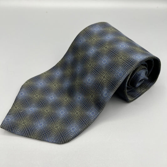 VTG Bill Blass Black Label Blue & Olive Geometric Pattern Luxury Silk Necktie