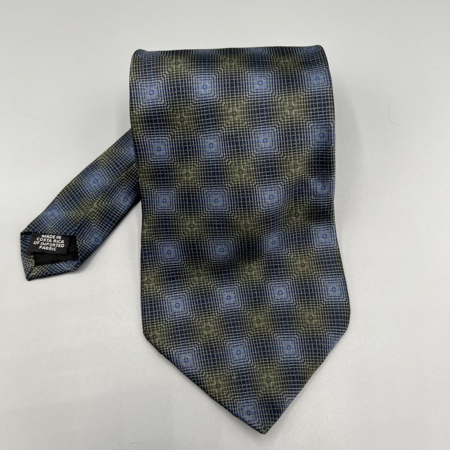 VTG Bill Blass Black Label Blue & Olive Geometric Pattern Luxury Silk Necktie