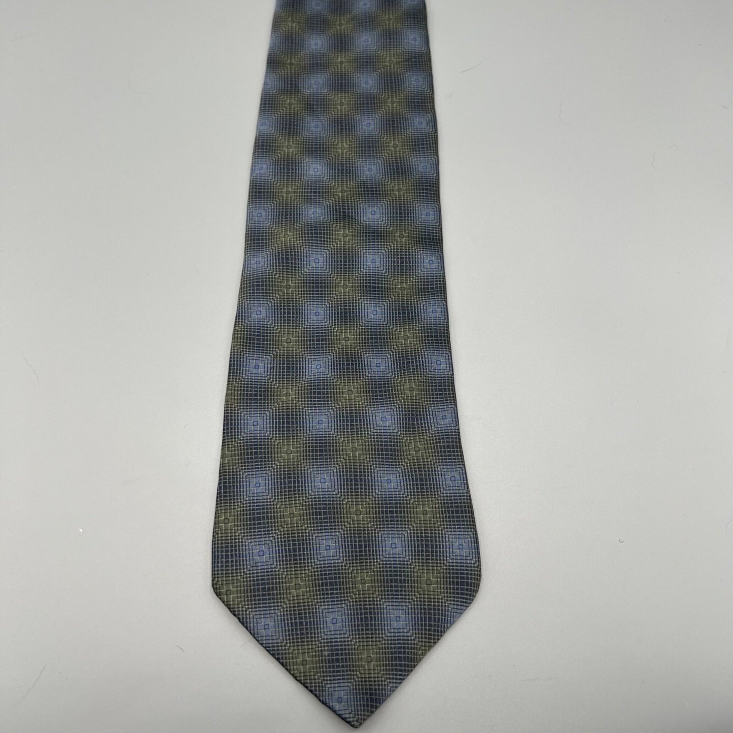 VTG Bill Blass Black Label Blue & Olive Geometric Pattern Luxury Silk Necktie