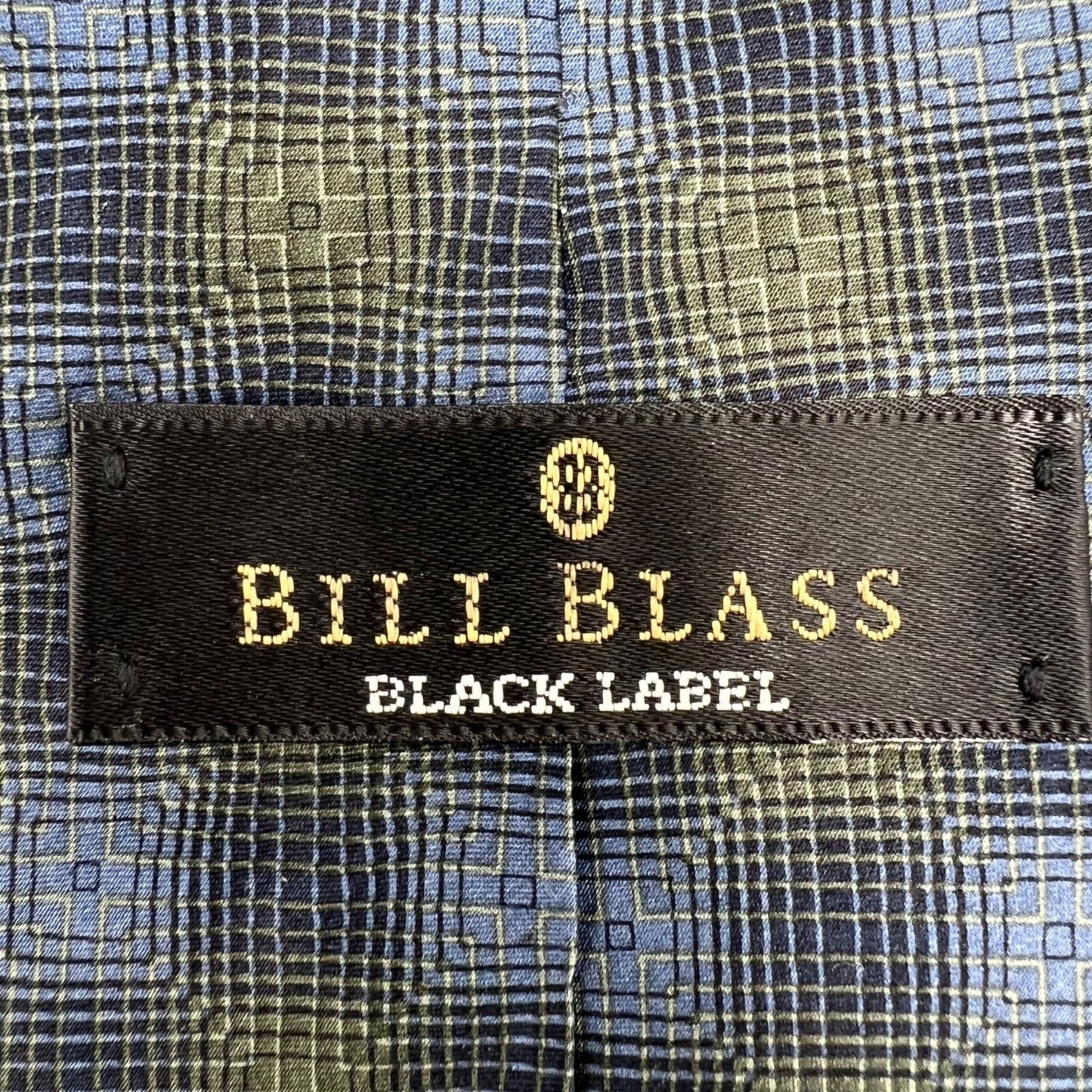 VTG Bill Blass Black Label Blue & Olive Geometric Pattern Luxury Silk Necktie