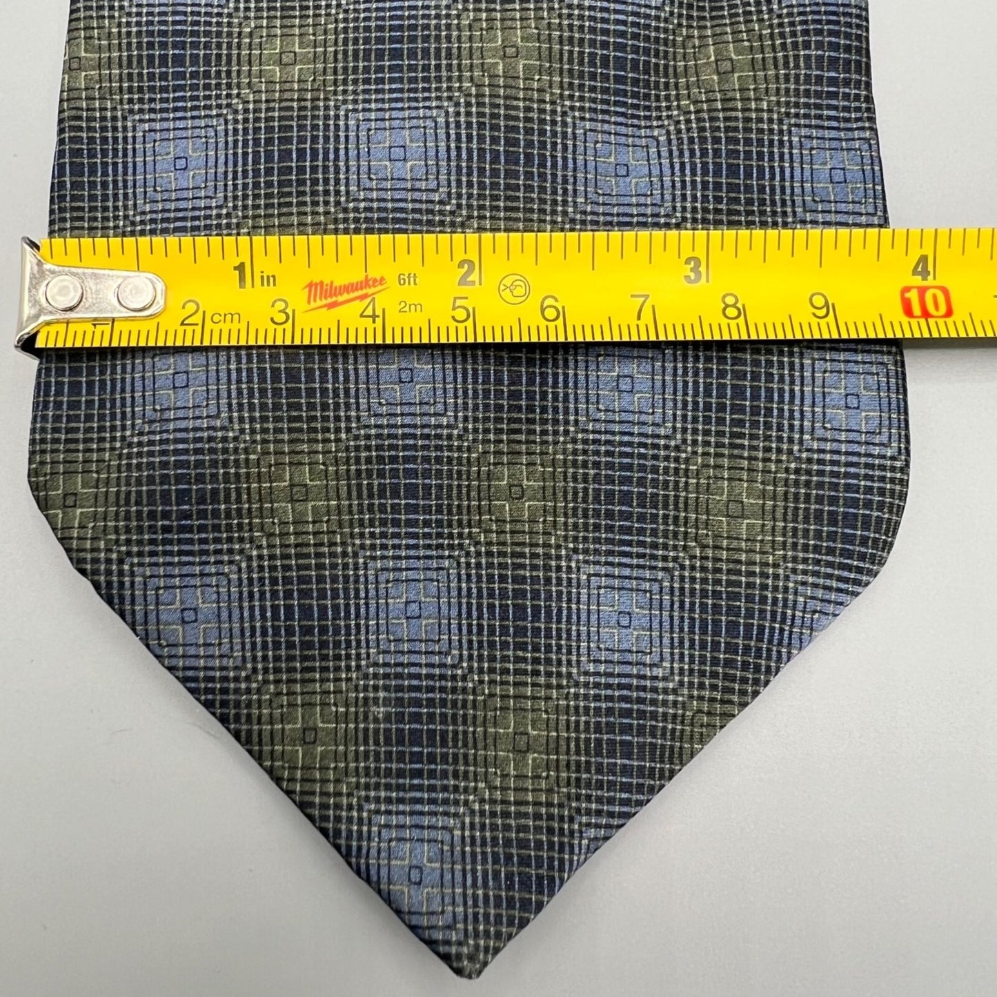 VTG Bill Blass Black Label Blue & Olive Geometric Pattern Luxury Silk Necktie