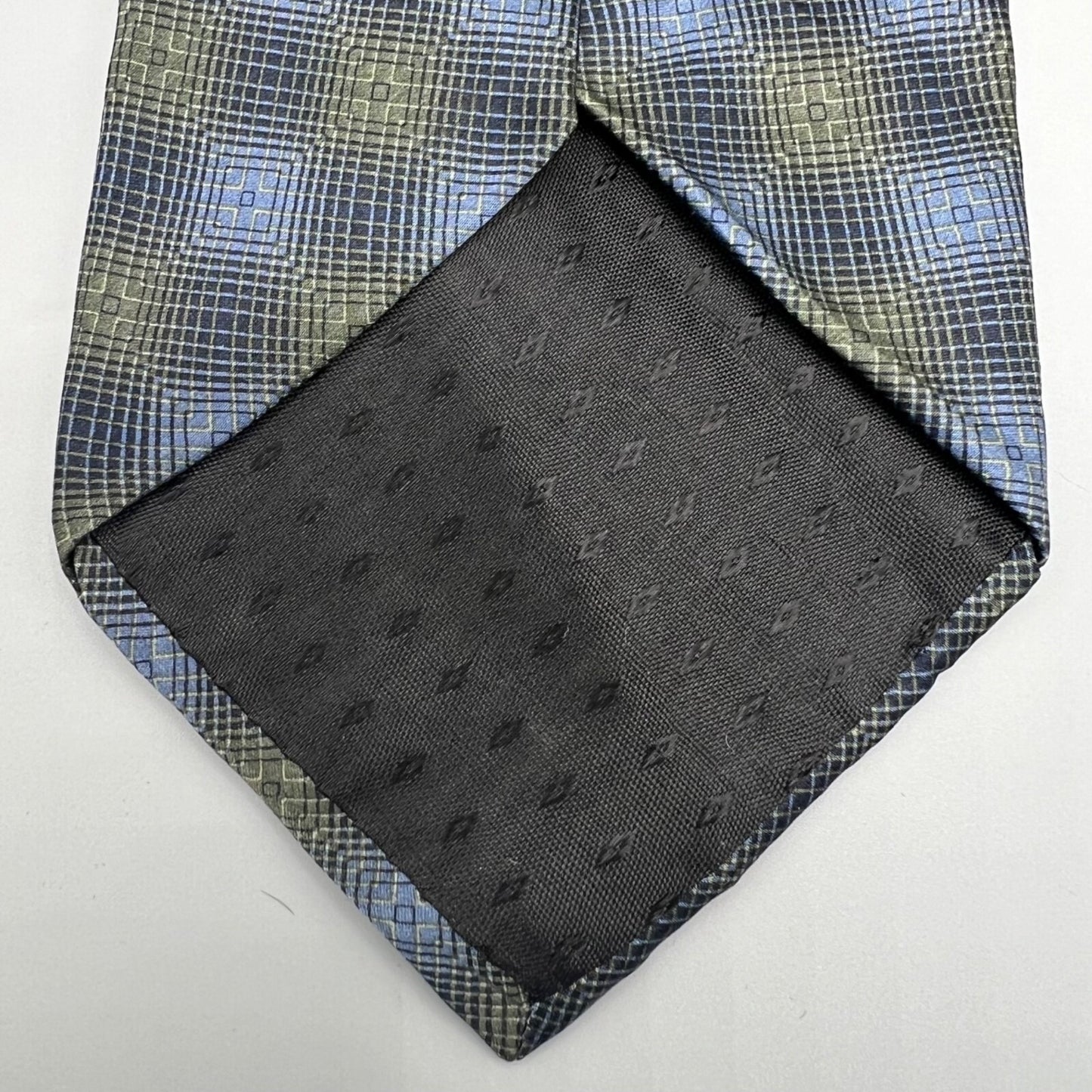 VTG Bill Blass Black Label Blue & Olive Geometric Pattern Luxury Silk Necktie