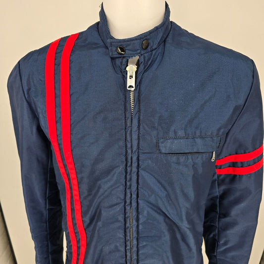 Vintage 1970s Sears Oakbrook Sportswear Navy and Red Striped Racing Jacket (M)