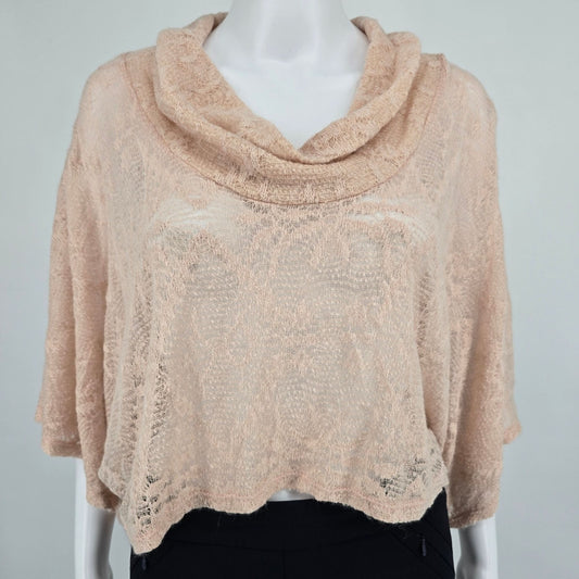 2000s Women's Blush Pink Lace Knit Cowl Neck Batwing Crop Sweater (One Size)