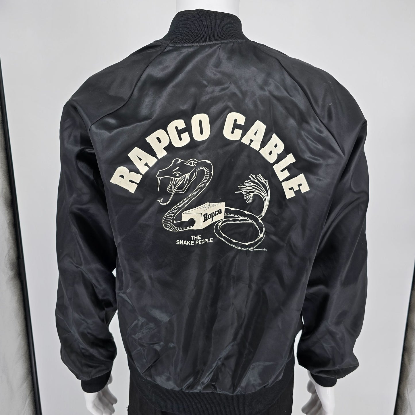 Vintage 1980s Rapco Cable Back Graphic Black Nylon Satin Bomber Jacket (L)