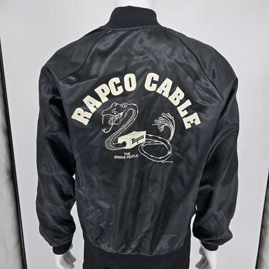Vintage 1980s Rapco Cable Back Graphic Black Nylon Satin Bomber Jacket (L)
