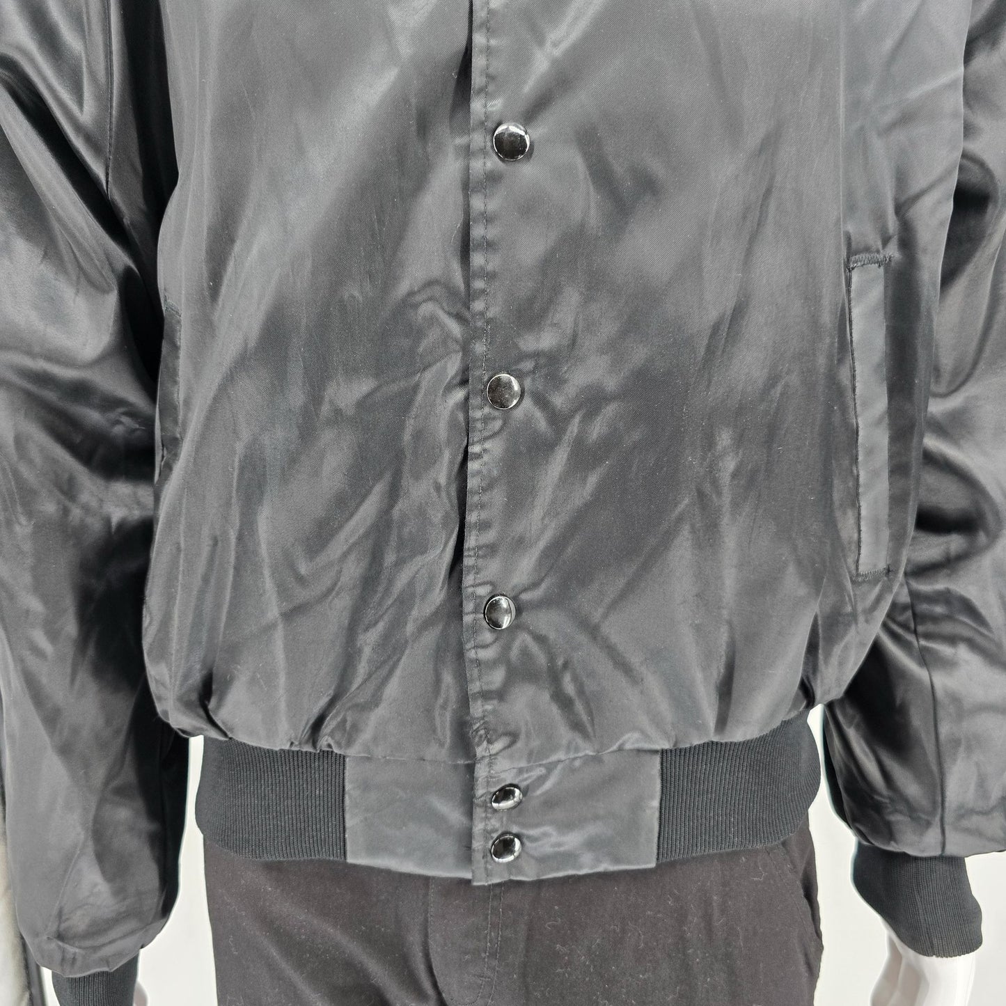 Vintage 1980s Rapco Cable Back Graphic Black Nylon Satin Bomber Jacket (L)