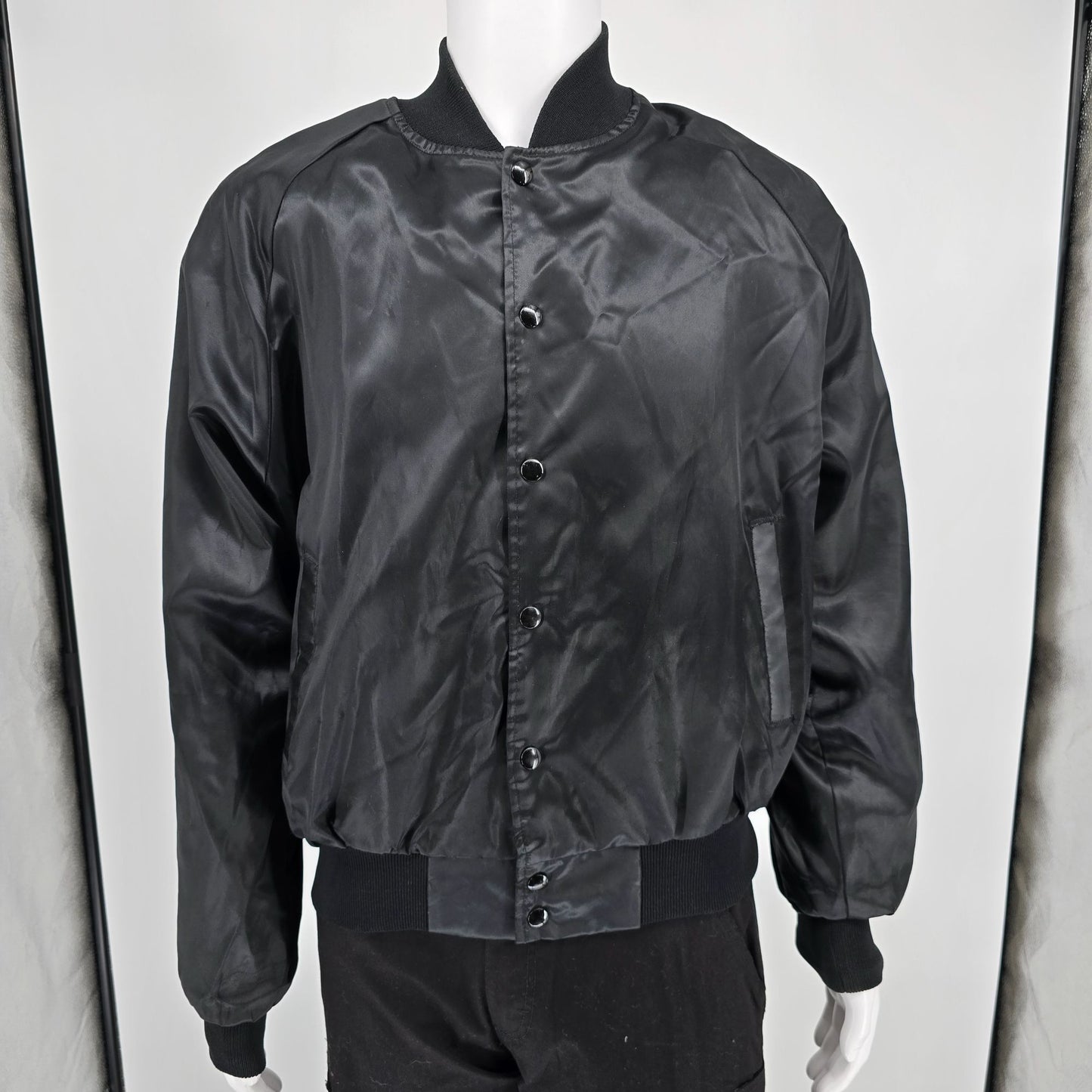 Vintage 1980s Rapco Cable Back Graphic Black Nylon Satin Bomber Jacket (L)