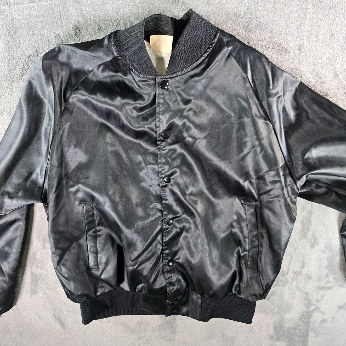 Vintage 1980s Rapco Cable Back Graphic Black Nylon Satin Bomber Jacket (L)