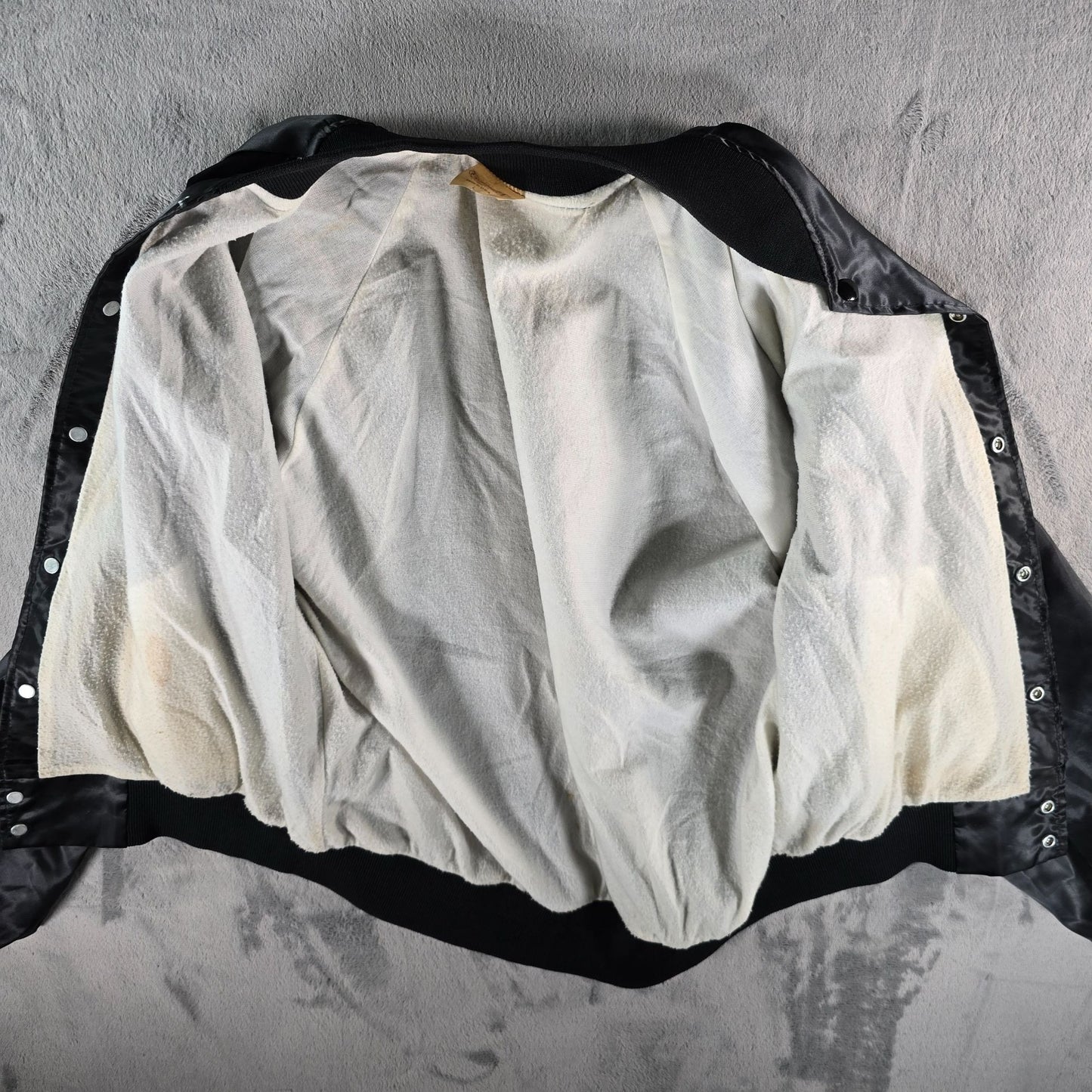 Vintage 1980s Rapco Cable Back Graphic Black Nylon Satin Bomber Jacket (L)