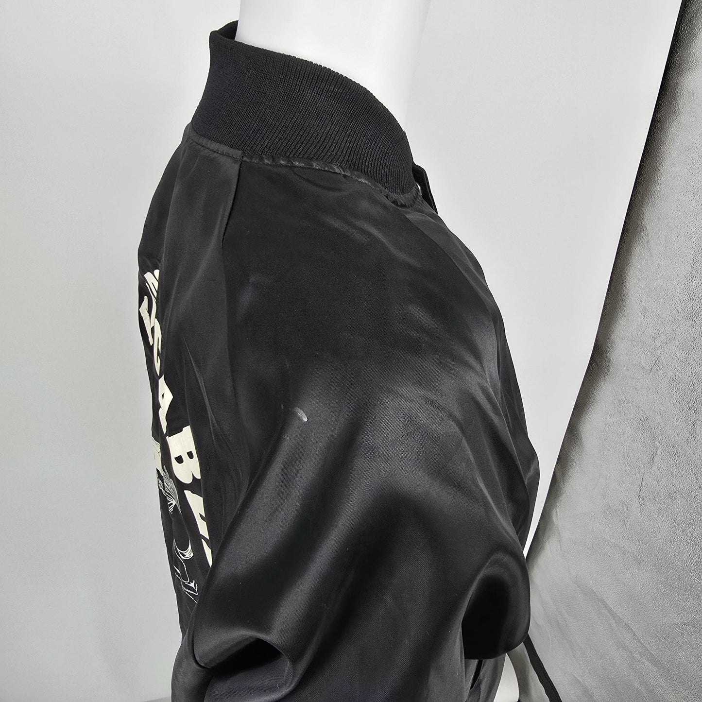 Vintage 1980s Rapco Cable Back Graphic Black Nylon Satin Bomber Jacket (L)