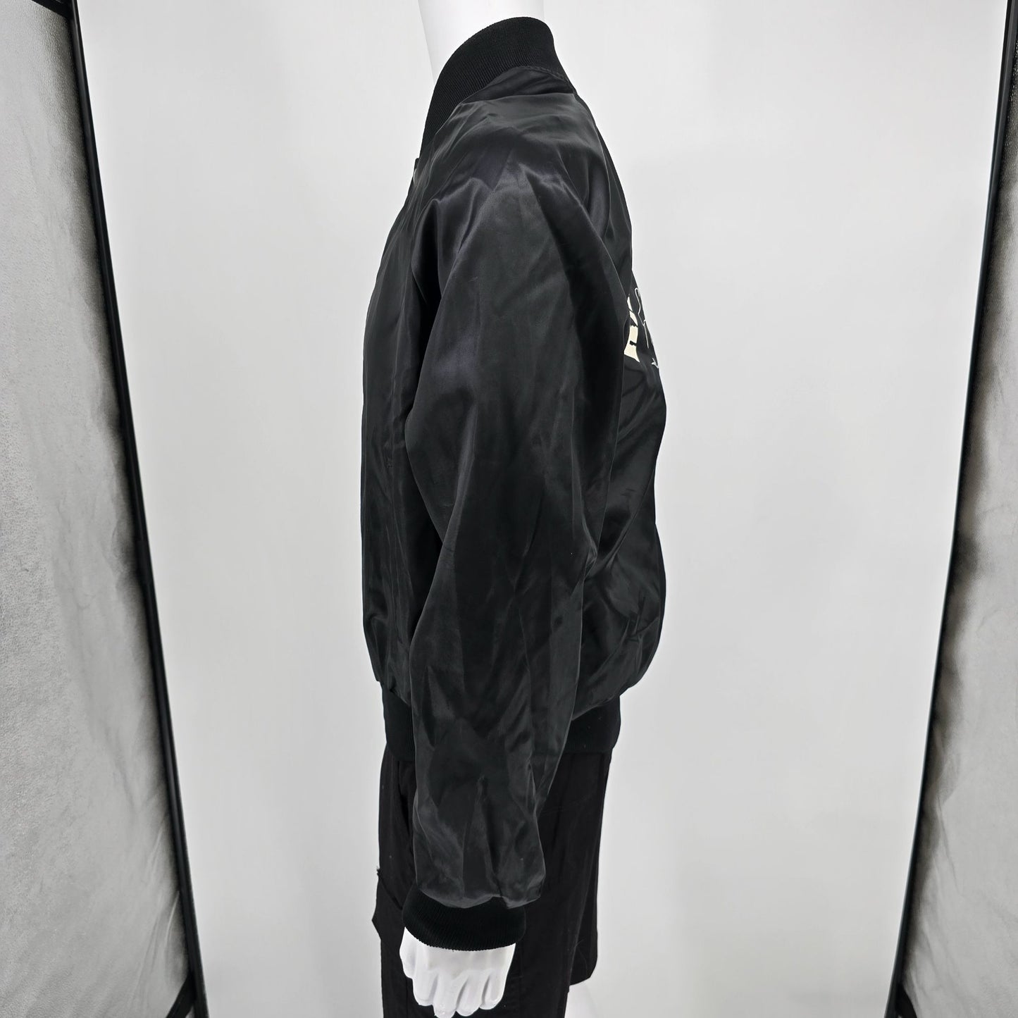 Vintage 1980s Rapco Cable Back Graphic Black Nylon Satin Bomber Jacket (L)