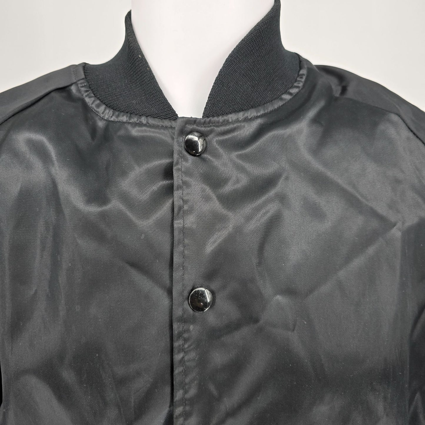 Vintage 1980s Rapco Cable Back Graphic Black Nylon Satin Bomber Jacket (L)