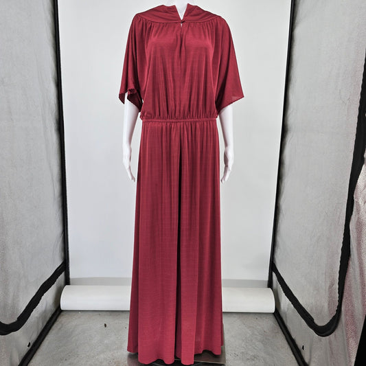 Vintage 1970s Slinky Burgundy Batwing Sleeve Goddess Maxi Dress (Size 18/XL)