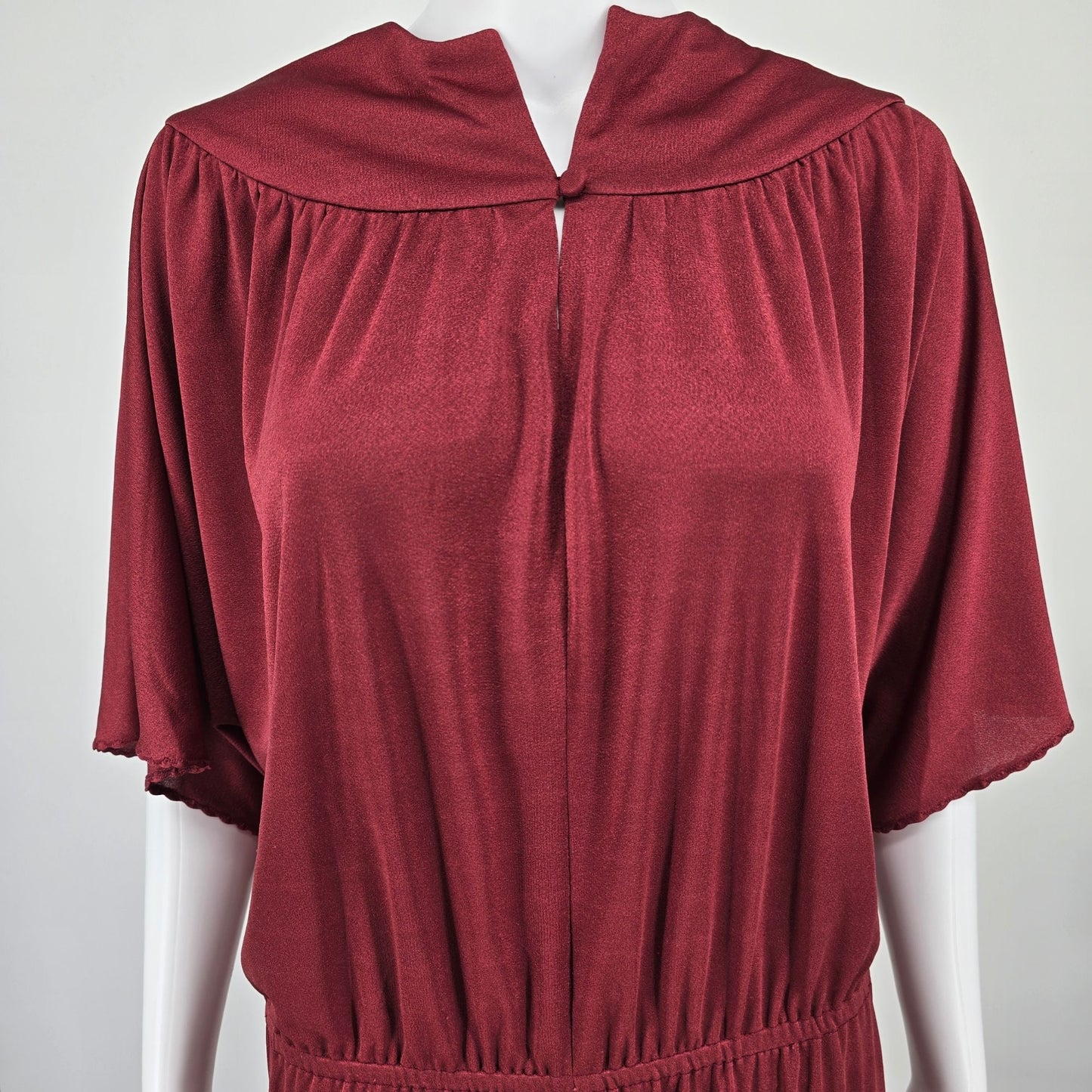 Vintage 1970s Slinky Burgundy Batwing Sleeve Goddess Maxi Dress (Size 18/XL)