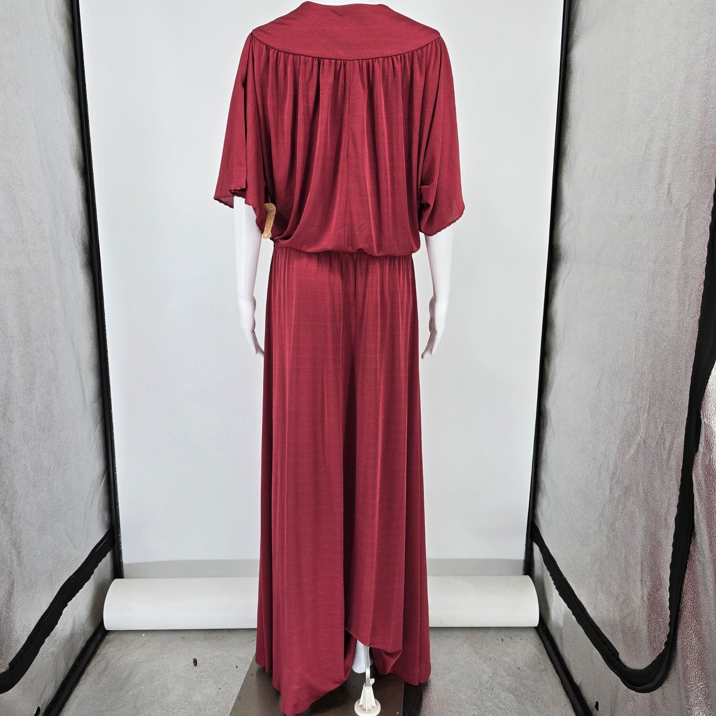 Vintage 1970s Slinky Burgundy Batwing Sleeve Goddess Maxi Dress (Size 18/XL)