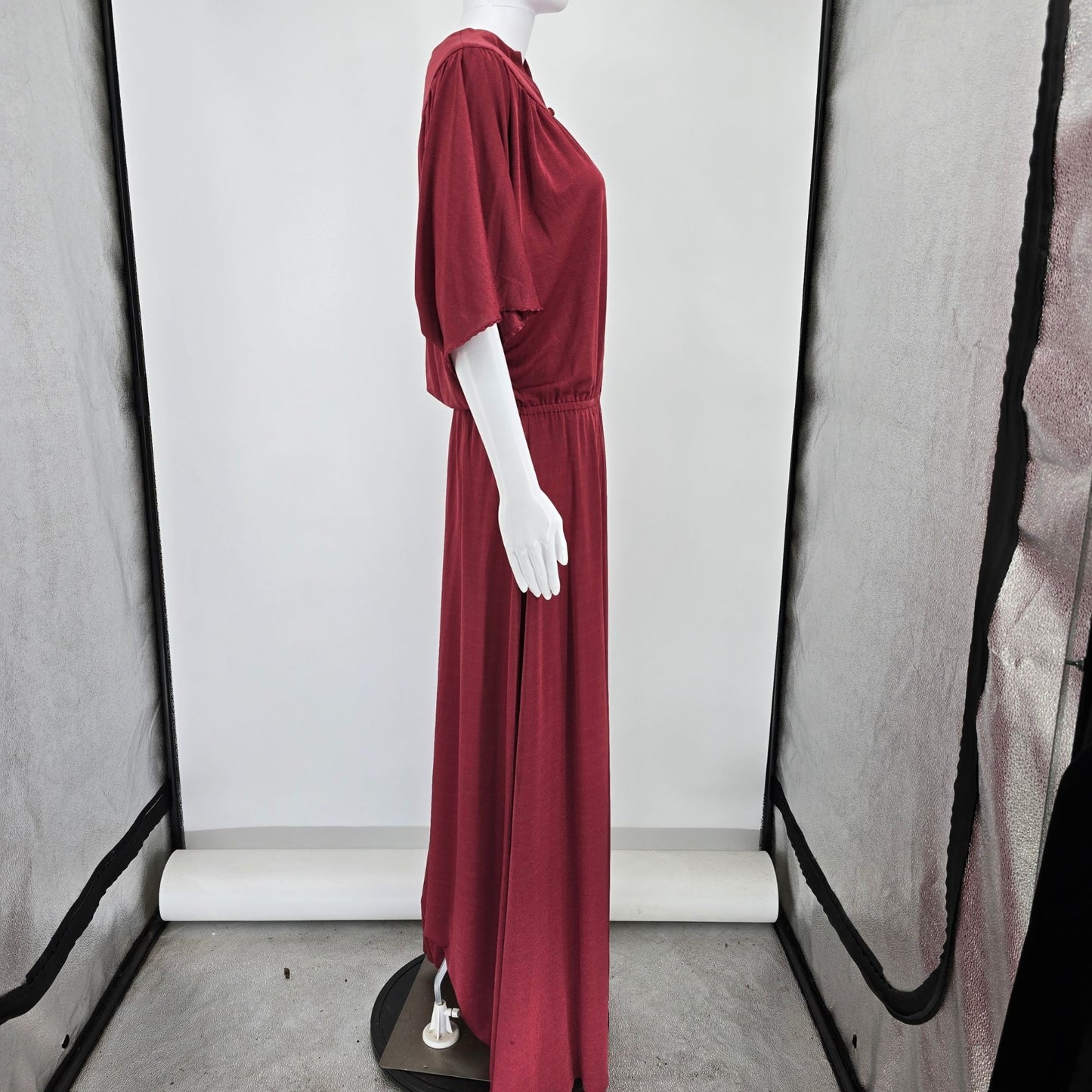 Vintage 1970s Slinky Burgundy Batwing Sleeve Goddess Maxi Dress (Size 18/XL)