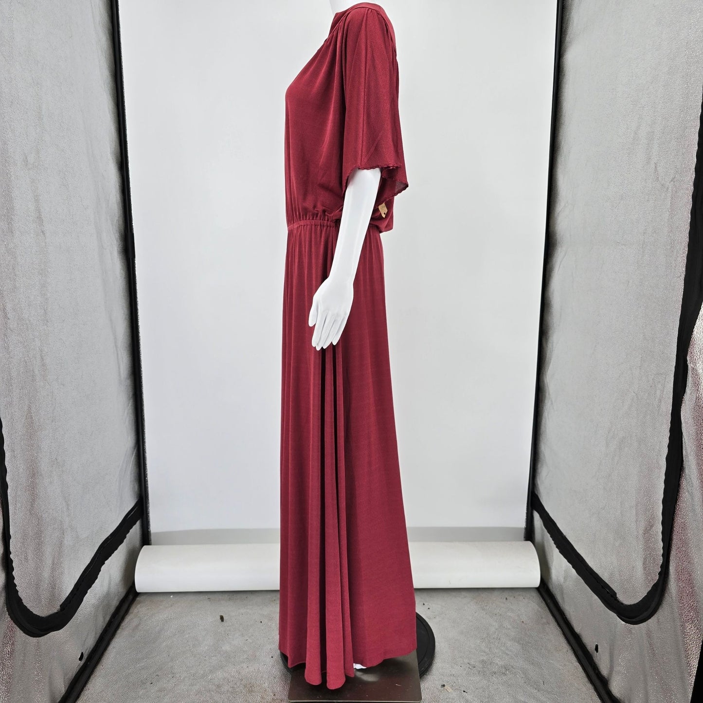 Vintage 1970s Slinky Burgundy Batwing Sleeve Goddess Maxi Dress (Size 18/XL)