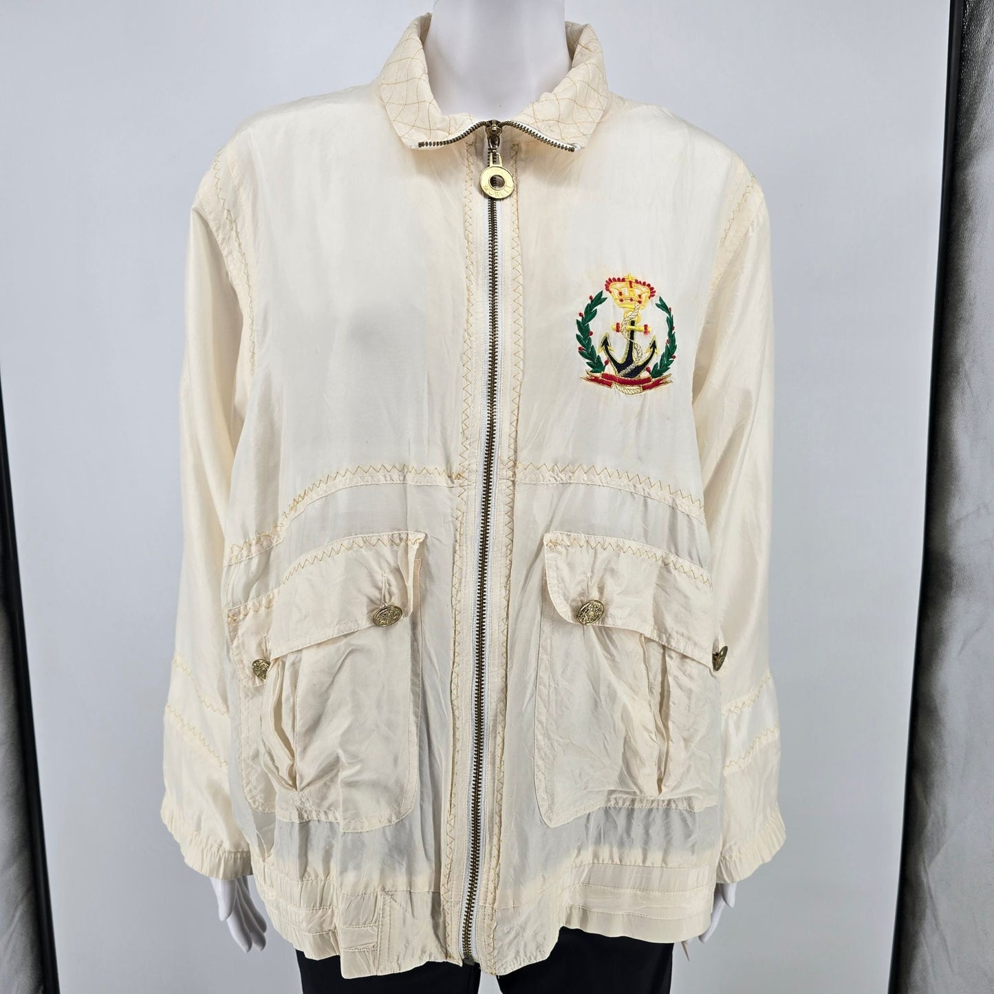 Vintage Nautical Sailing Jacket With Embroidered Crown & Flags Design Zip Front Beige Unisex