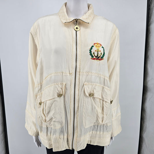 Vintage Nautical Sailing Jacket With Embroidered Crown & Flags Design Zip Front Beige Unisex