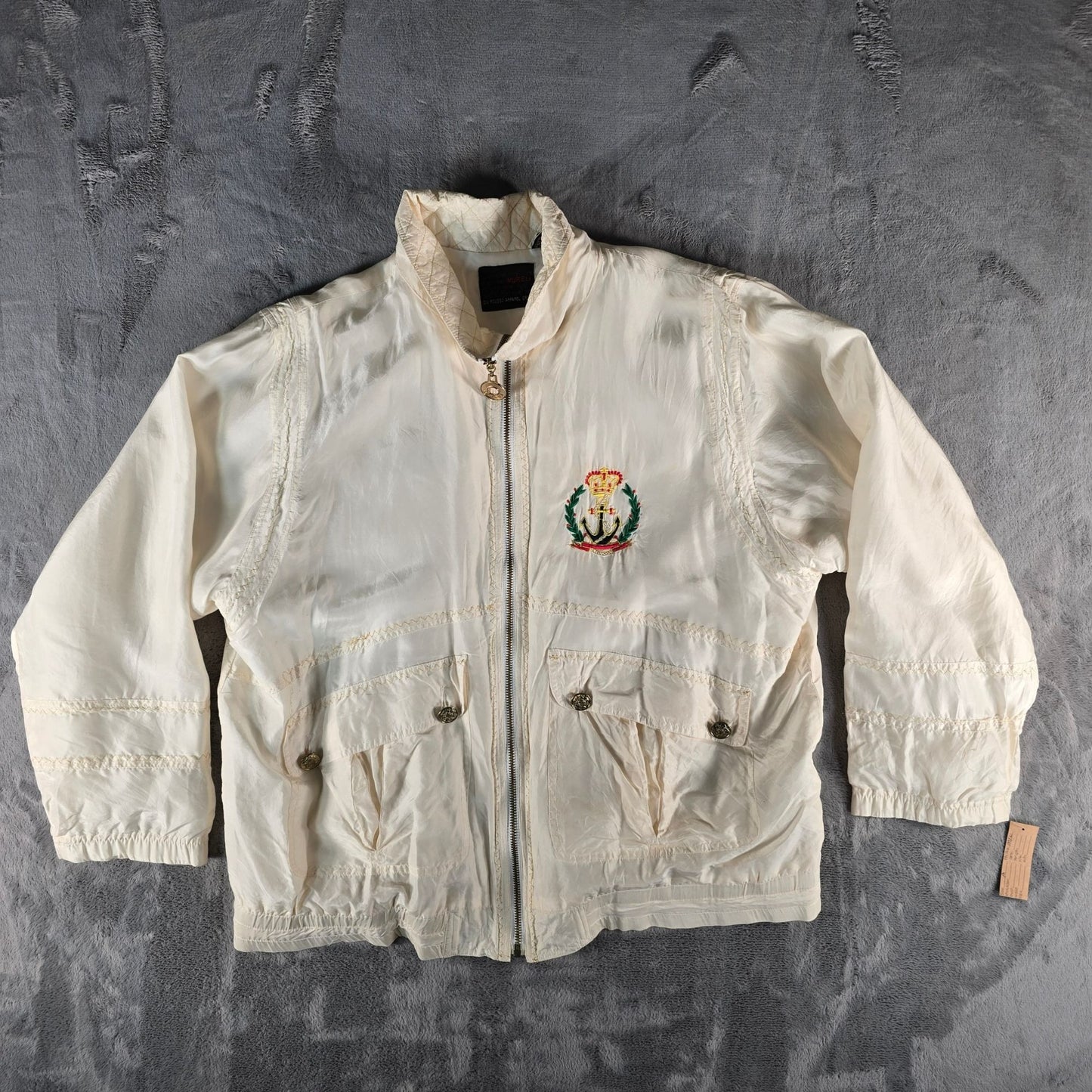 Vintage Nautical Sailing Jacket With Embroidered Crown & Flags Design Zip Front Beige Unisex