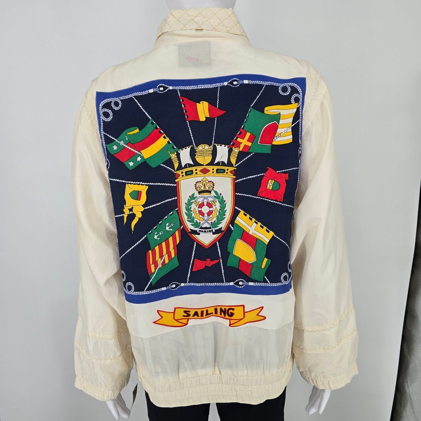 Vintage Nautical Sailing Jacket With Embroidered Crown & Flags Design Zip Front Beige Unisex