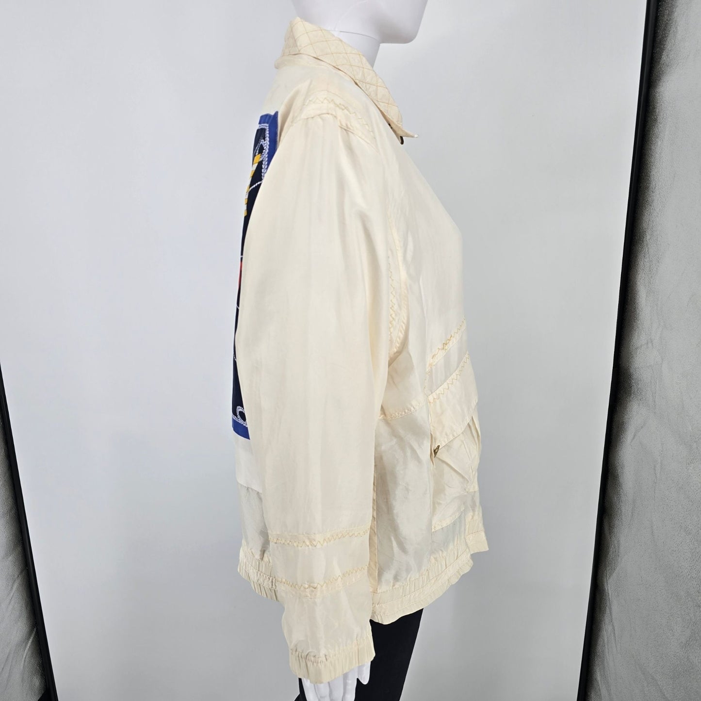 Vintage Nautical Sailing Jacket With Embroidered Crown & Flags Design Zip Front Beige Unisex