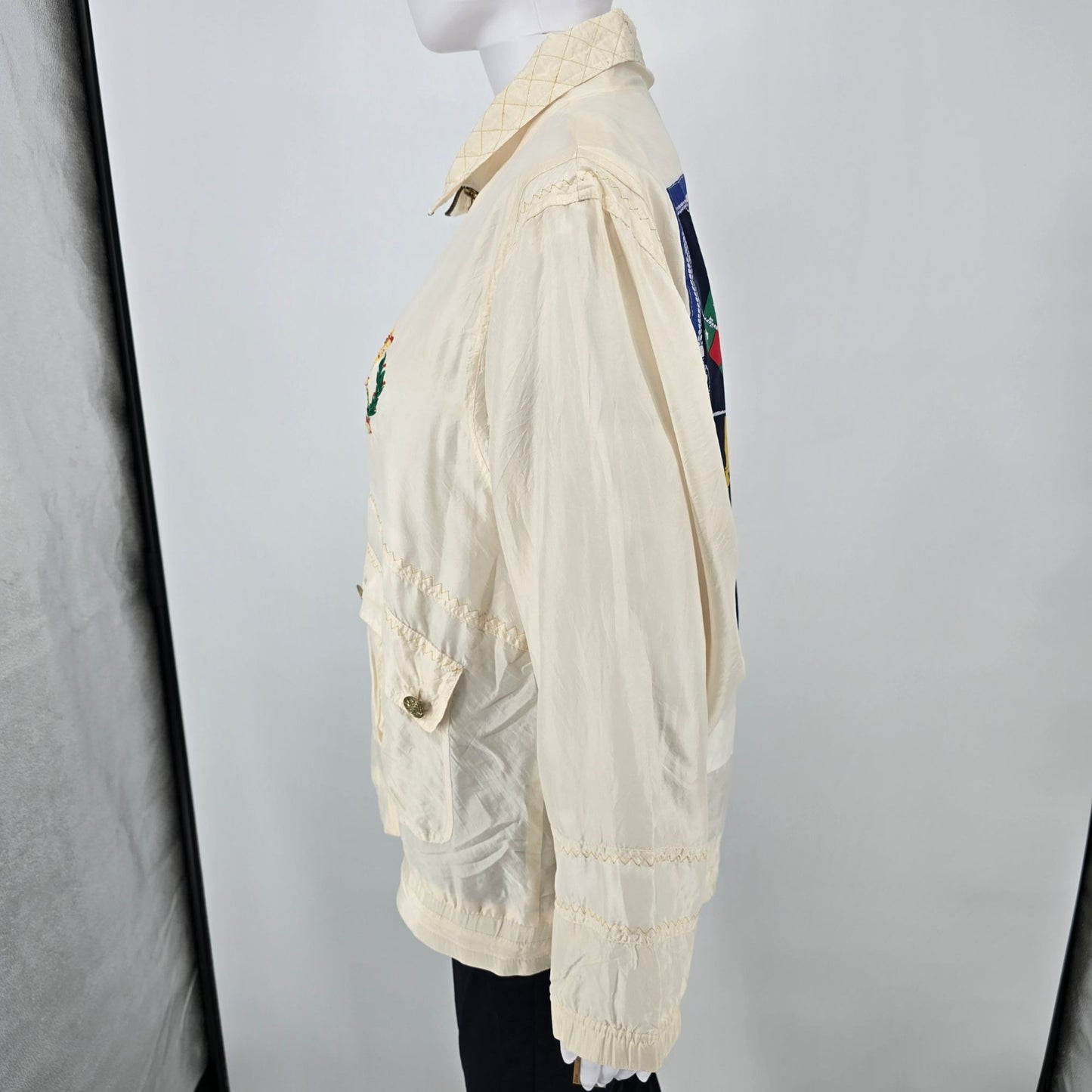 Vintage Nautical Sailing Jacket With Embroidered Crown & Flags Design Zip Front Beige Unisex