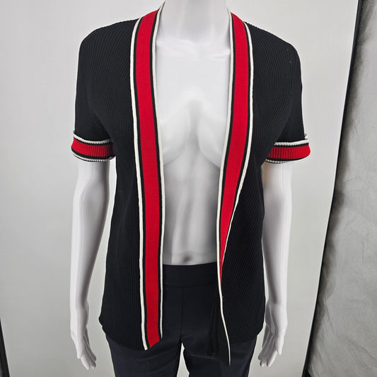 Vintage 1980s Women's Black/Red/White Sporty Ribbed Knit Open Front Cardigan (S)