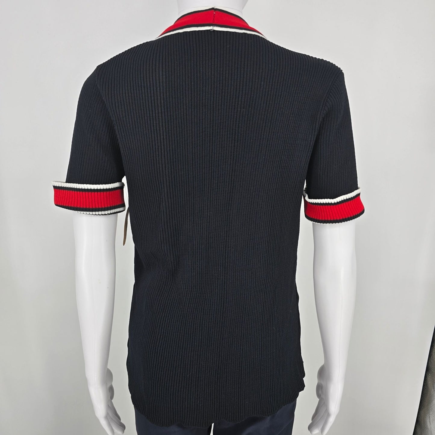 Vintage 1980s Women's Black/Red/White Sporty Ribbed Knit Open Front Cardigan (S)
