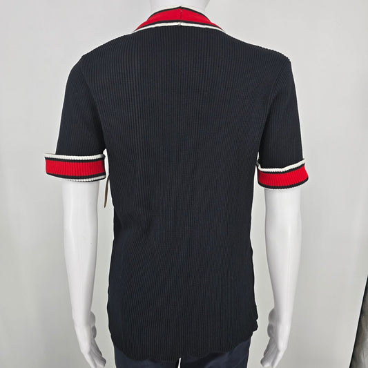 Vintage 1980s Women's Black/Red/White Sporty Ribbed Knit Open Front Cardigan (S)