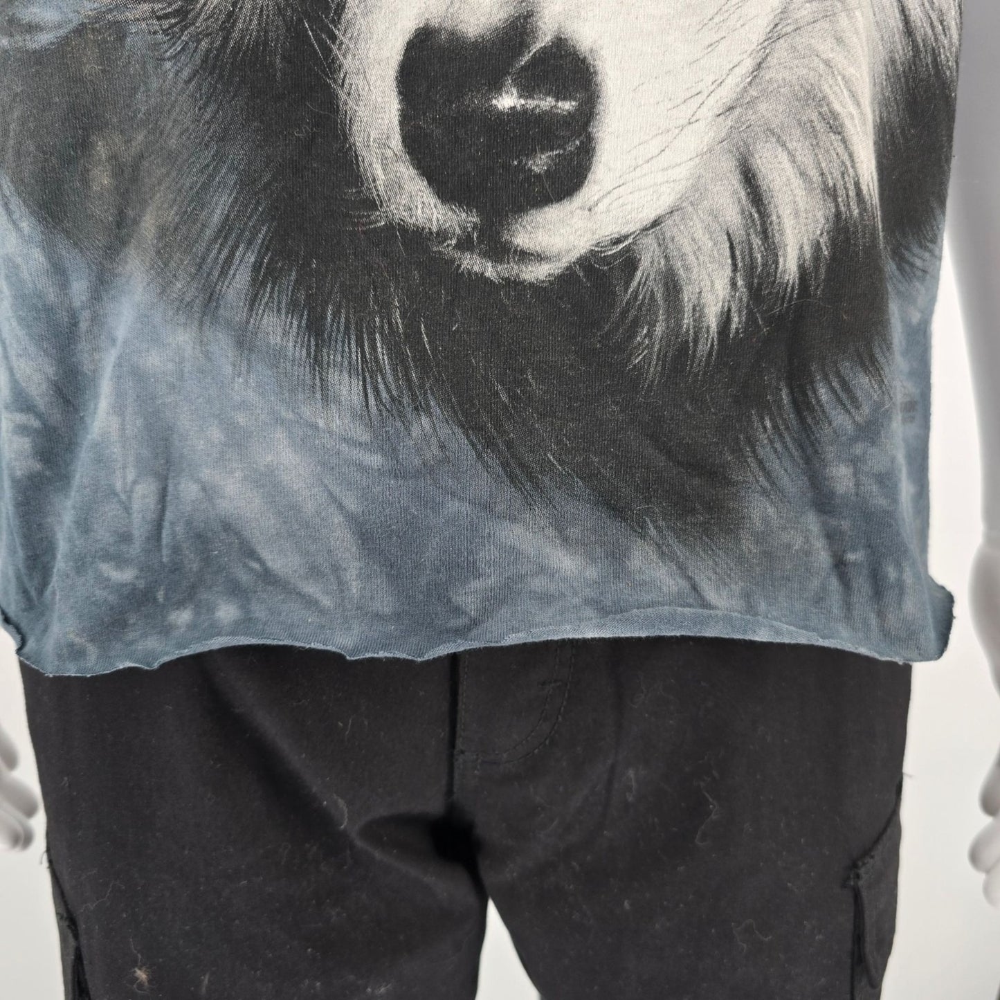 Vintage Y2K The Mountain DIY Cut Out Hem Blue-Eyed Wolf Tie-Dye T-Shirt (M)