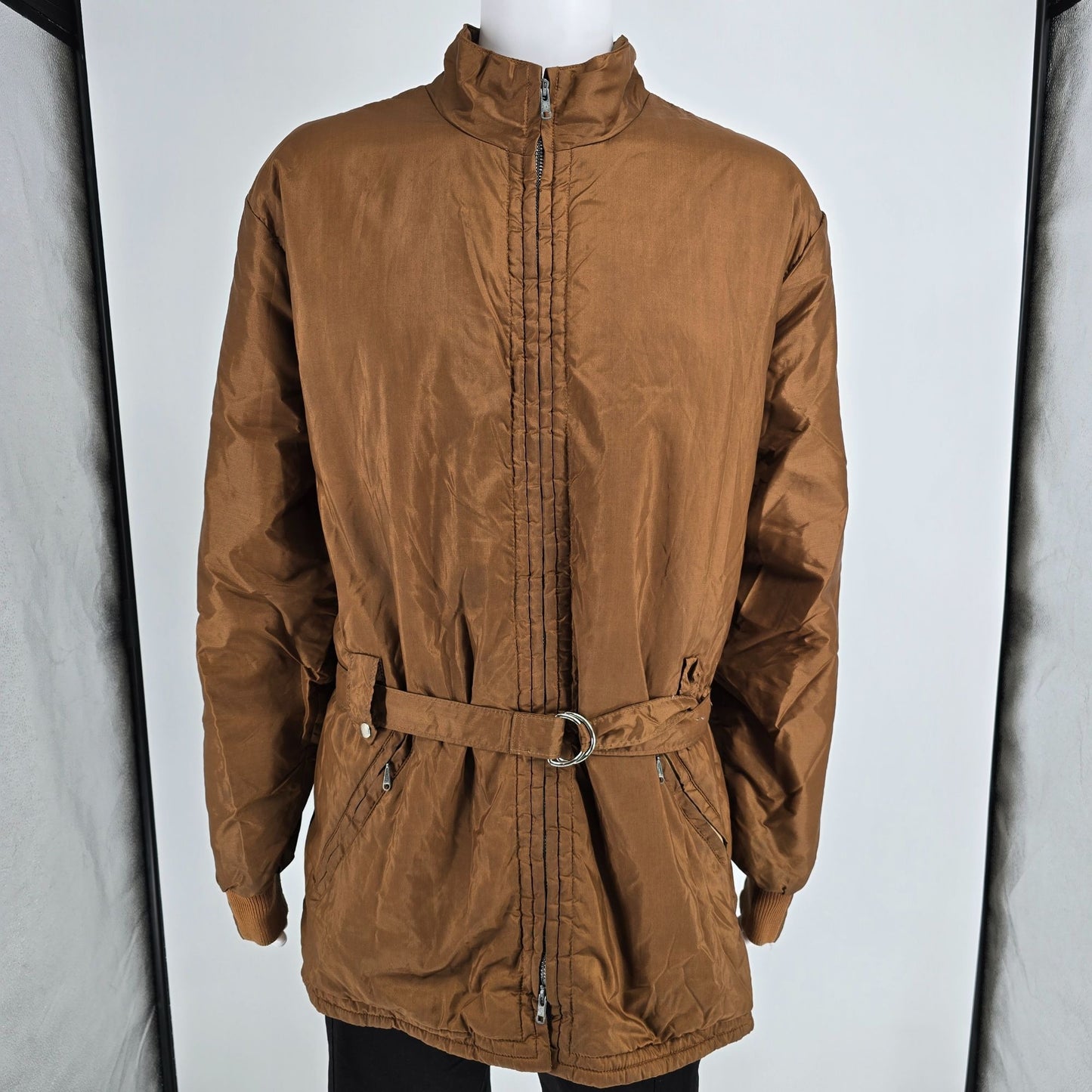 Vintage 1960s Sportcaster Ski Fashions Belted Brown Nylon Ski Jacket (XL)