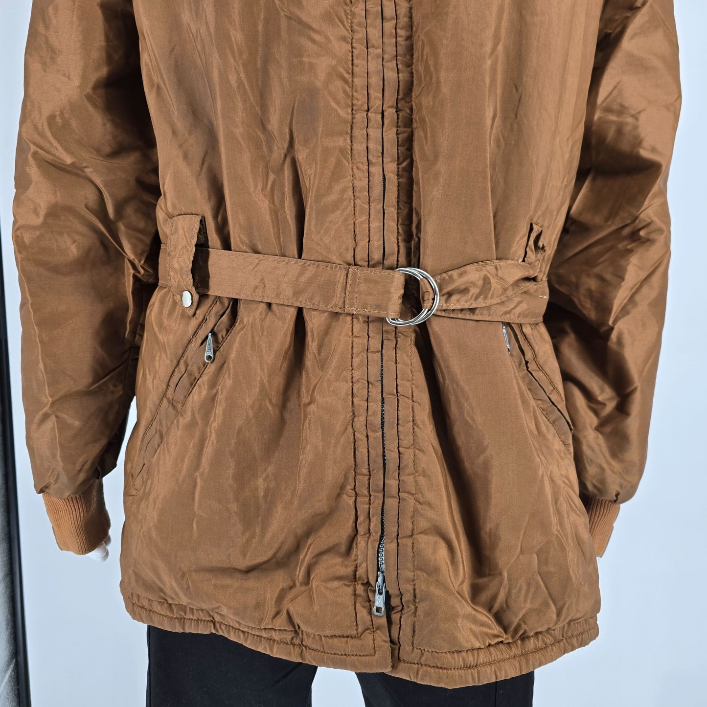 Vintage 1960s Sportcaster Ski Fashions Belted Brown Nylon Ski Jacket (XL)