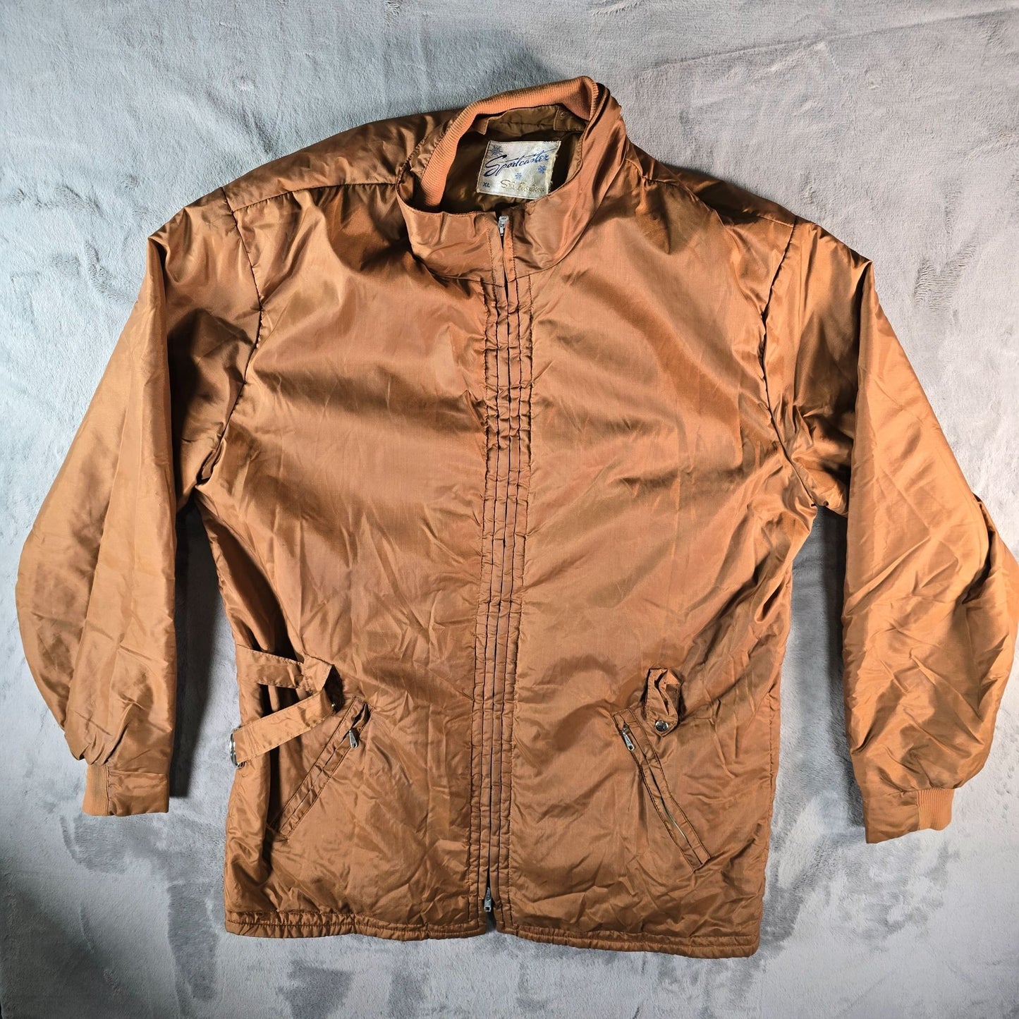 Vintage 1960s Sportcaster Ski Fashions Belted Brown Nylon Ski Jacket (XL)