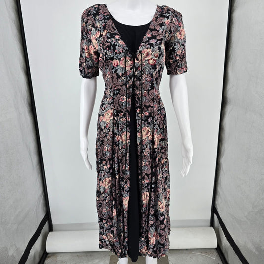 Vintage 1990s Nostalgia Black/Floral Paisley Corset-Style Lace-Up Dress (M)