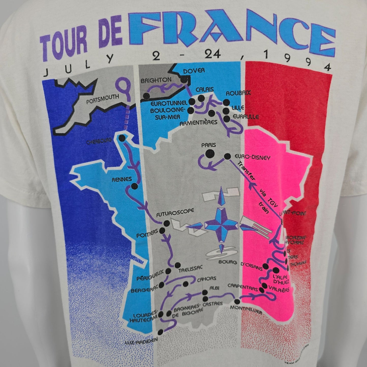 Vintage 1994 Oneita Power-T Tour De France Route Map Back Graphic T-Shirt (L)