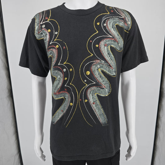 Vintage 1990s Oneita Hand Painted Abstract Wearable Glitter Art T-Shirt (L)