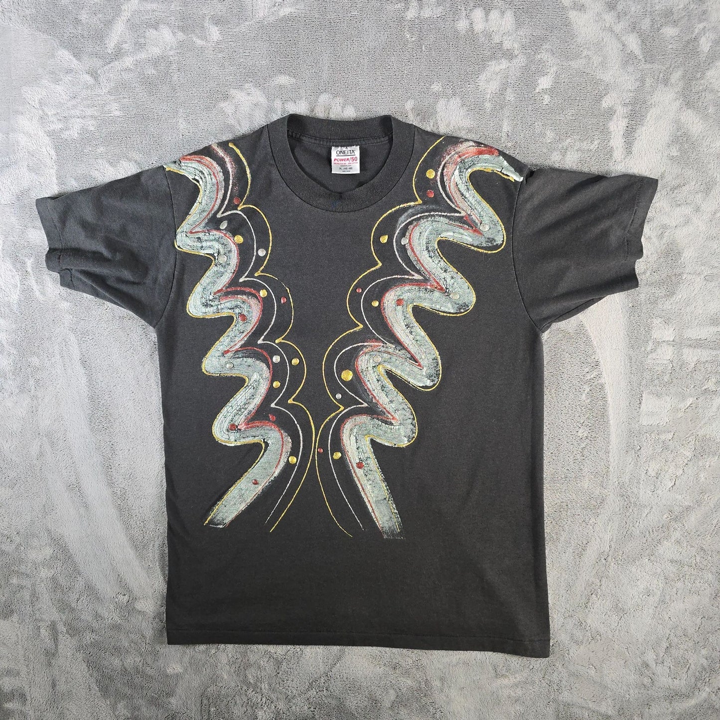 Vintage 1990s Oneita Hand Painted Abstract Wearable Glitter Art T-Shirt (L)