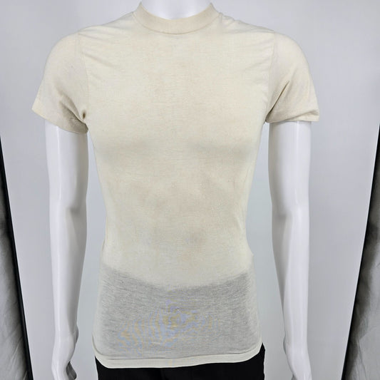 Distressed Vintage 1970s Sears Men's Store Blank Off-White Sheer T-Shirt (XXS)