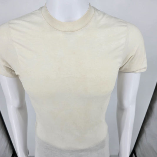 Distressed Vintage 1970s Sears Men's Store Blank Off-White Sheer T-Shirt (XXS)
